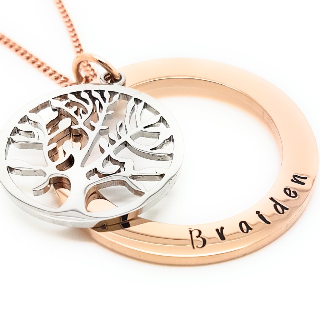 Rose Gold and Silver Family Tree of Life Necklace Personalised