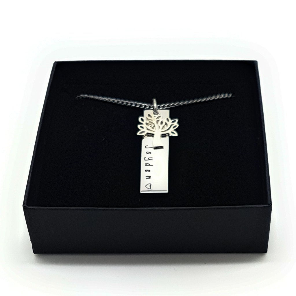 Custom Bar Necklace with floating tree charm