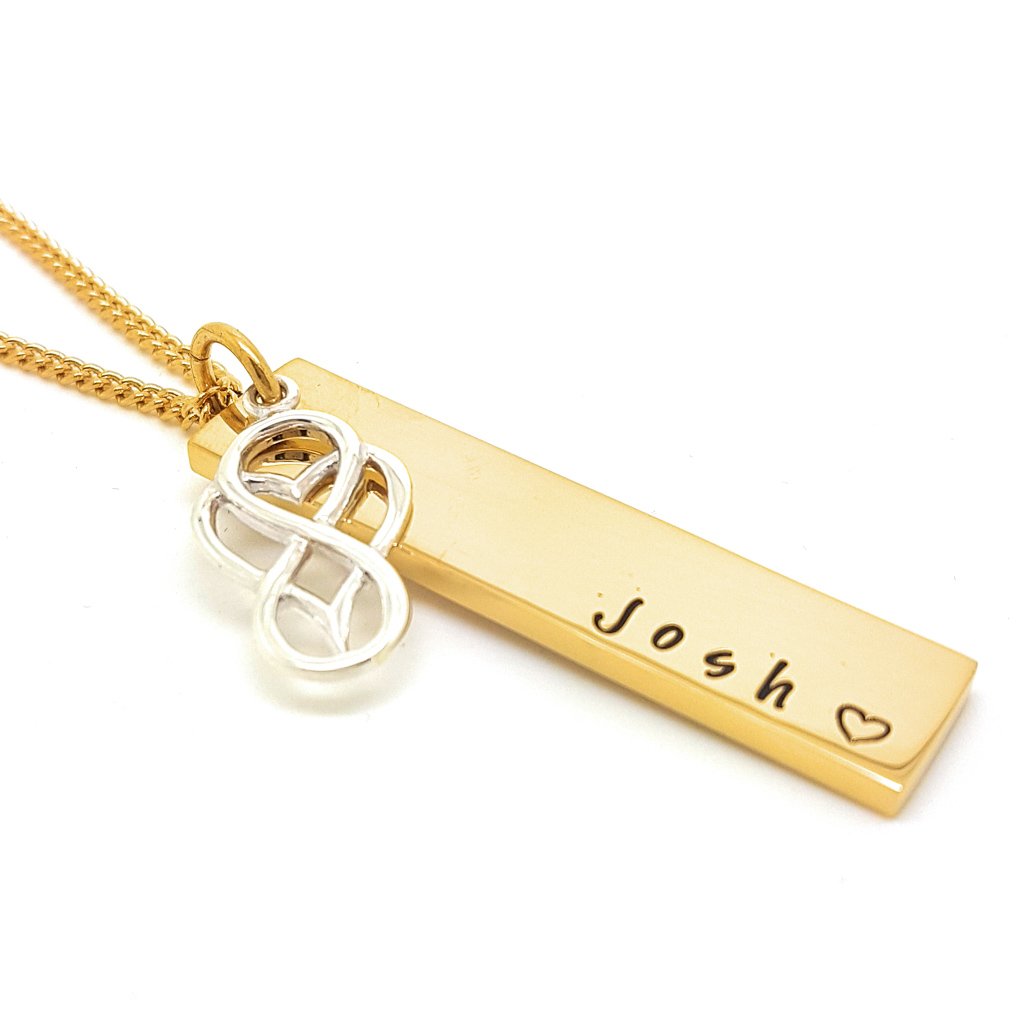 Gold Rectangle Bar Necklace Love Heart Infinity Charm