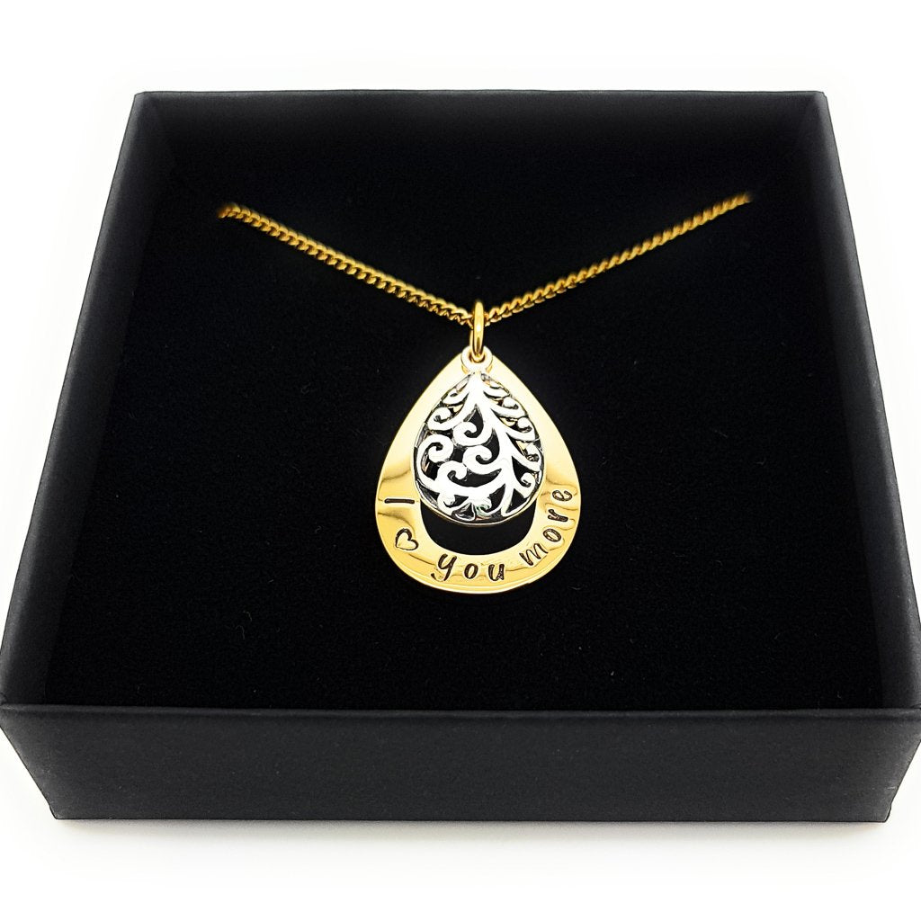 Gold Tear Drop Pendant with Filigree Silver Charm