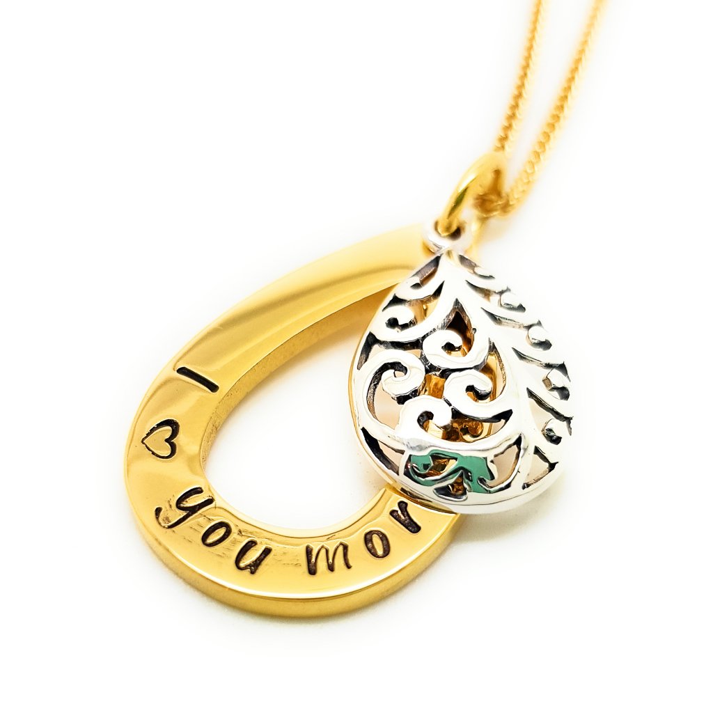 Gold Tear Drop Pendant with Filigree Silver Charm
