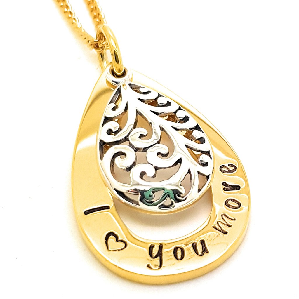 Gold Tear Drop Pendant with Filigree Silver Charm