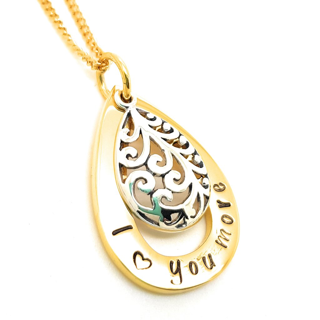Gold Tear Drop Pendant with Filigree Silver Charm