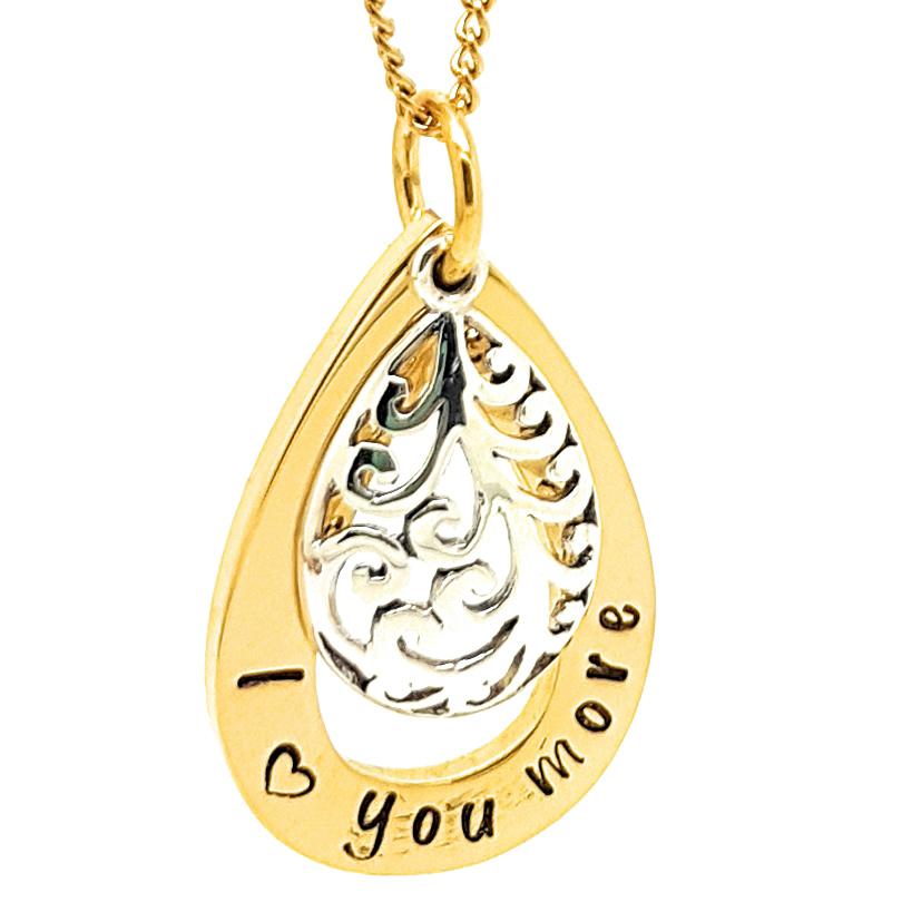 Gold Tear Drop Pendant with Filigree Silver Charm