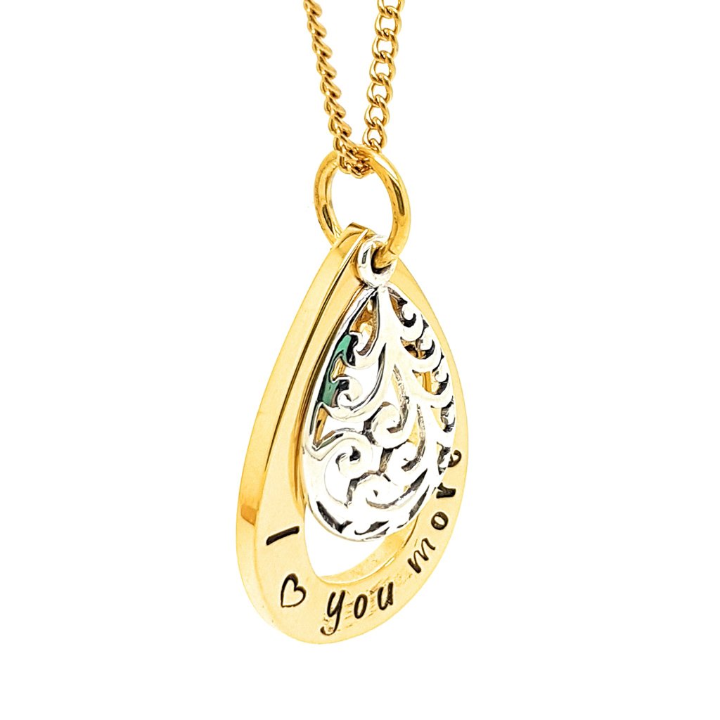 Gold Tear Drop Pendant with Filigree Silver Charm