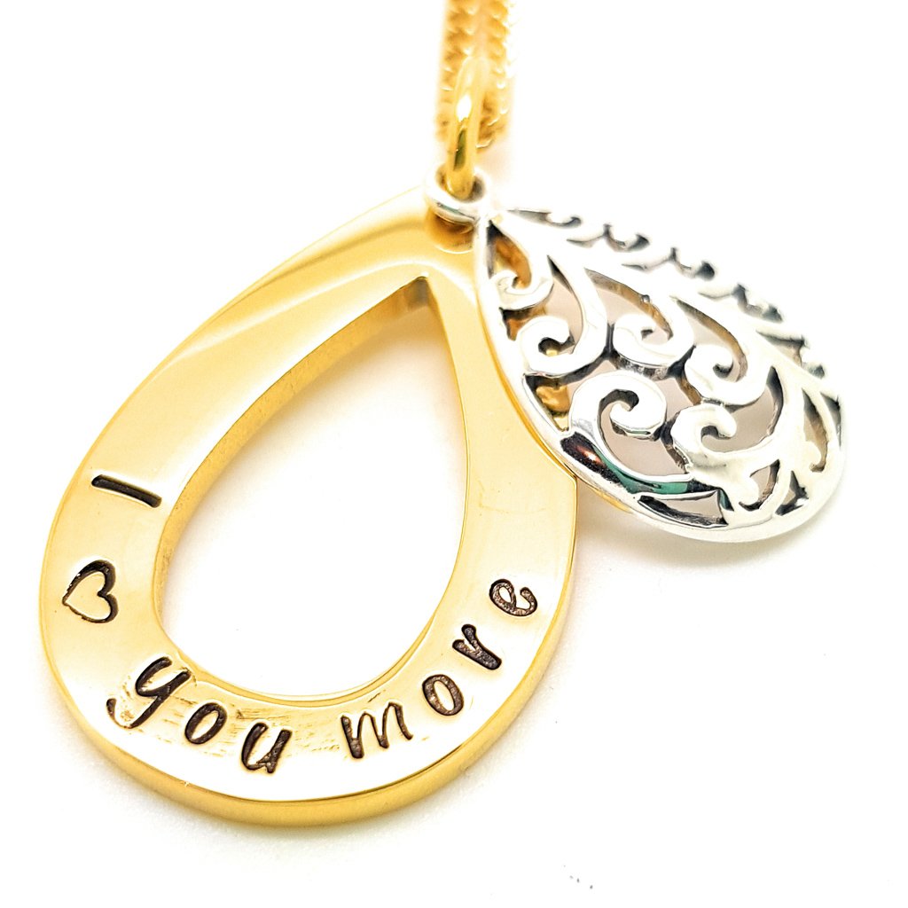 Gold Tear Drop Pendant with Filigree Silver Charm