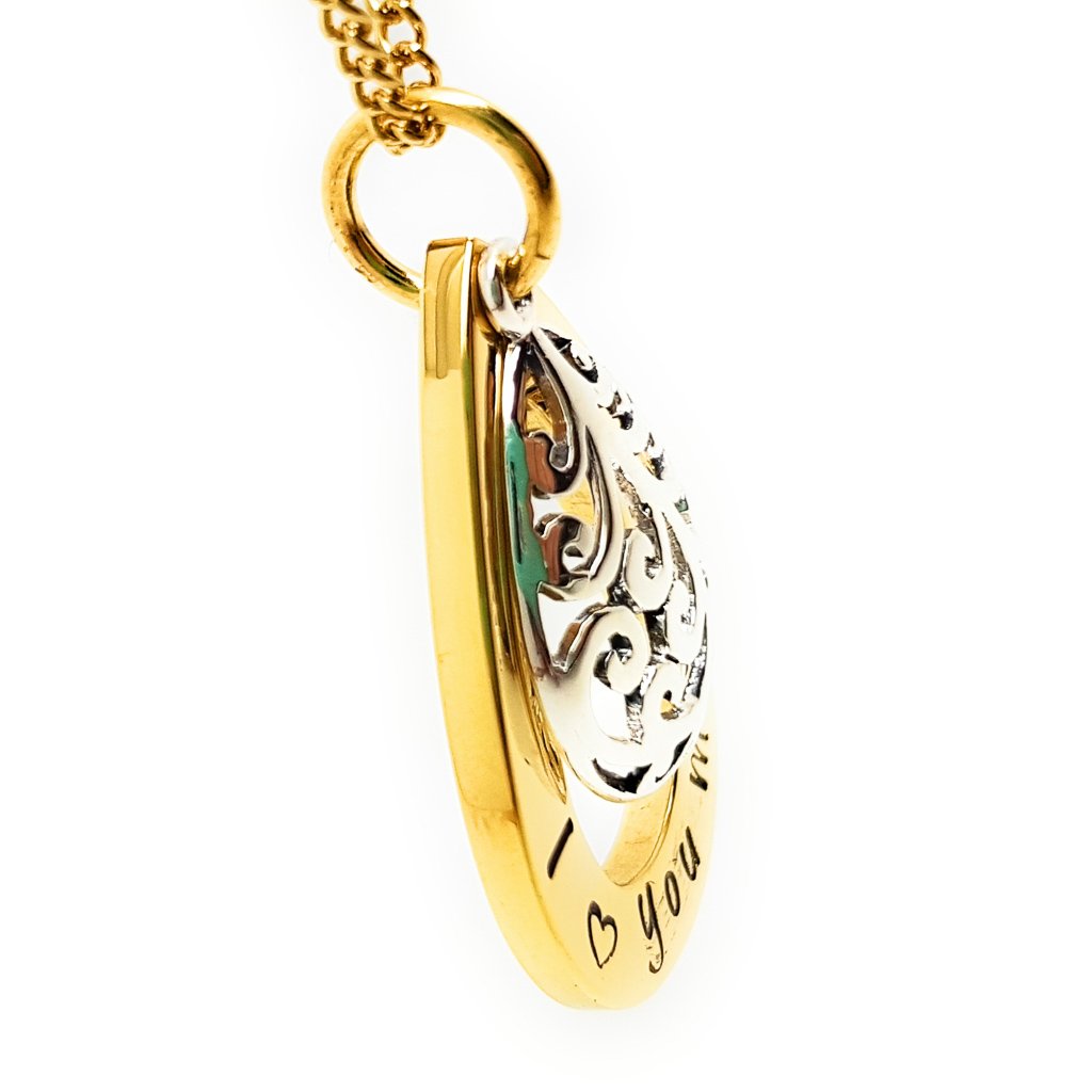 Gold Tear Drop Pendant with Filigree Silver Charm