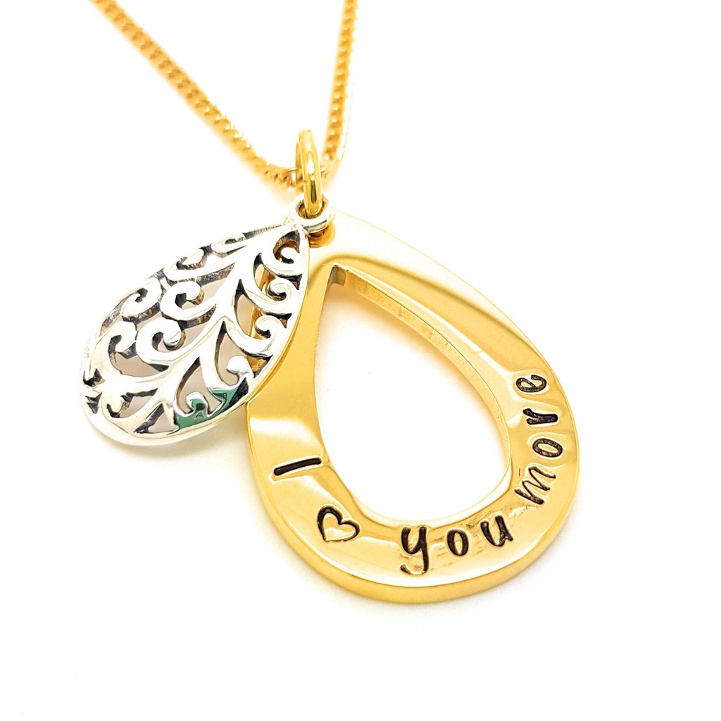 Gold Tear Drop Pendant with Filigree Silver Charm