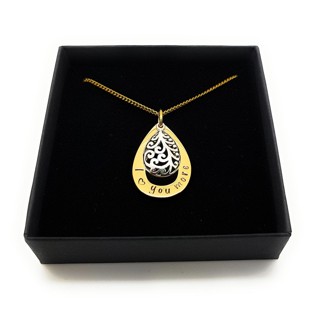 Gold Tear Drop Pendant with Filigree Silver Charm