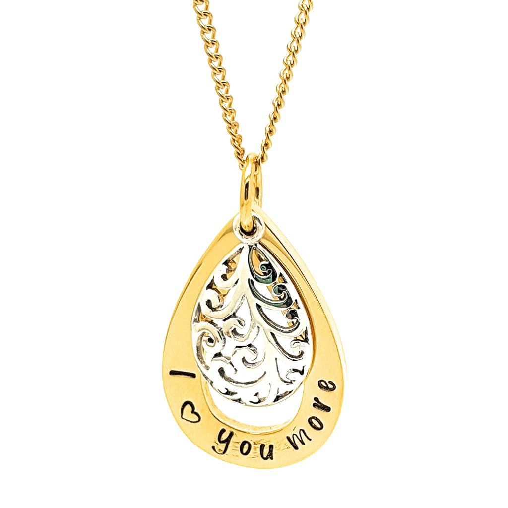 Gold Tear Drop Pendant with Filigree Silver Charm