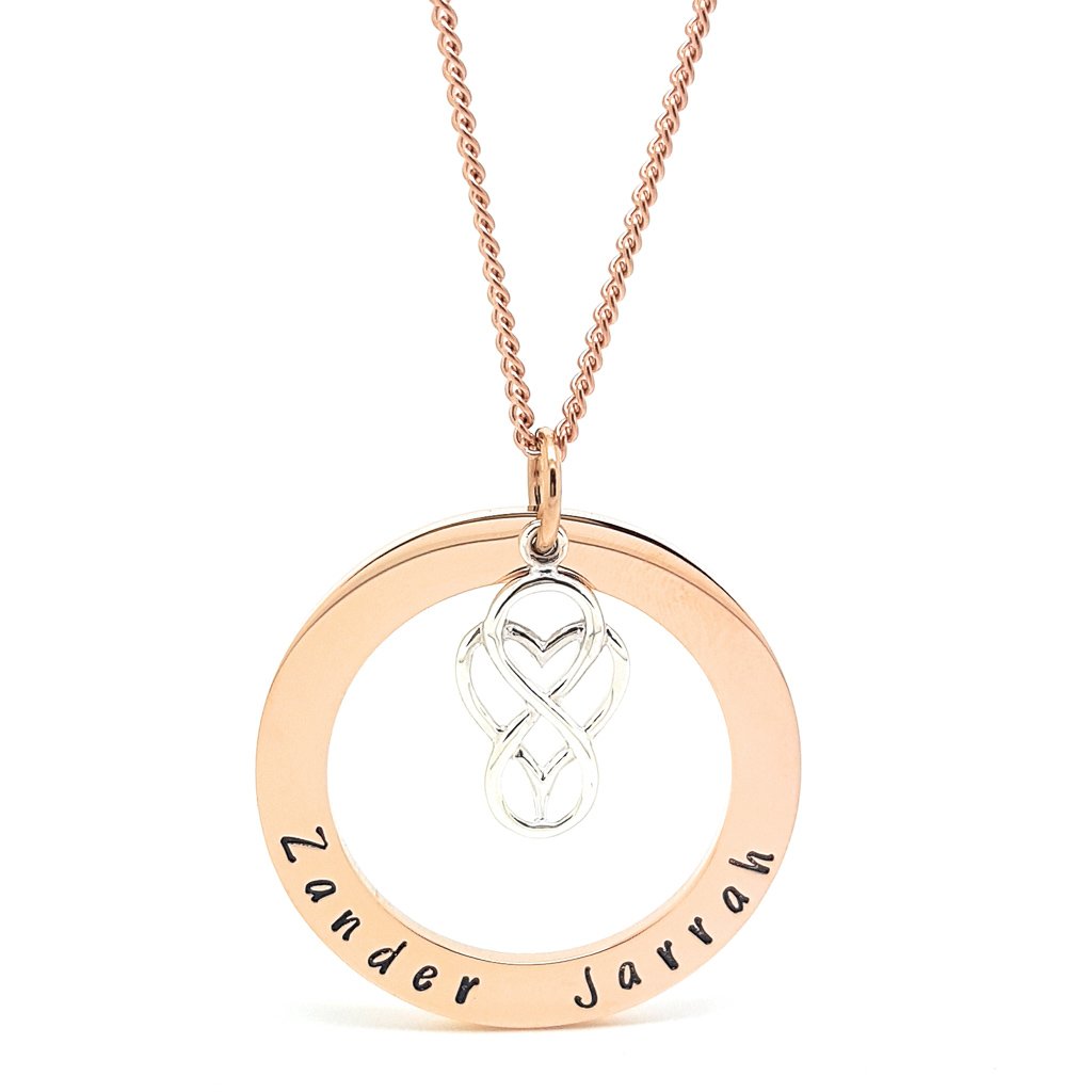 Rose Gold Circle Pendant with Sterling Silver Love Heart Infinity Charm